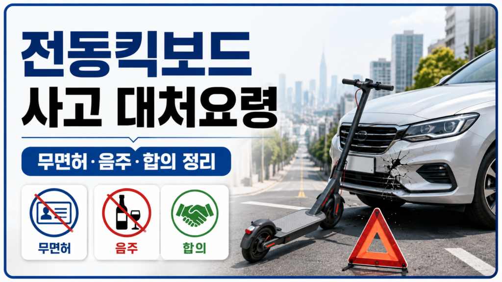 전동킥보드가 정차 중인 차량과 충돌해 앞범퍼가 파손된 사고 상황과 무면허·음주·합의 대처요령을 안내하는 썸네일 이미지