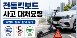 전동킥보드가 정차 중인 차량과 충돌해 앞범퍼가 파손된 사고 상황과 무면허·음주·합의 대처요령을 안내하는 썸네일 이미지